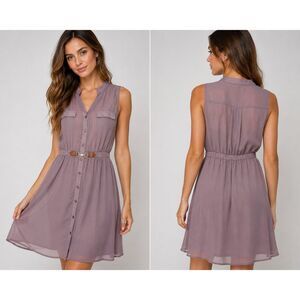 R N B Women’s Dress M Purple Sheer Chiffon Sleeveless Button Front Belted